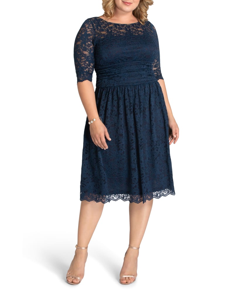 Front of a model wearing a size 0X Luna Lace Dress in INDIGO BLUE by Kiyonna. | dia_product_style_image_id:279184